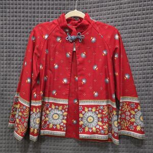VTG Red Asian Open Jacket SzSm Cirette Chinese Floral Handmade Cotton Kimono 70s